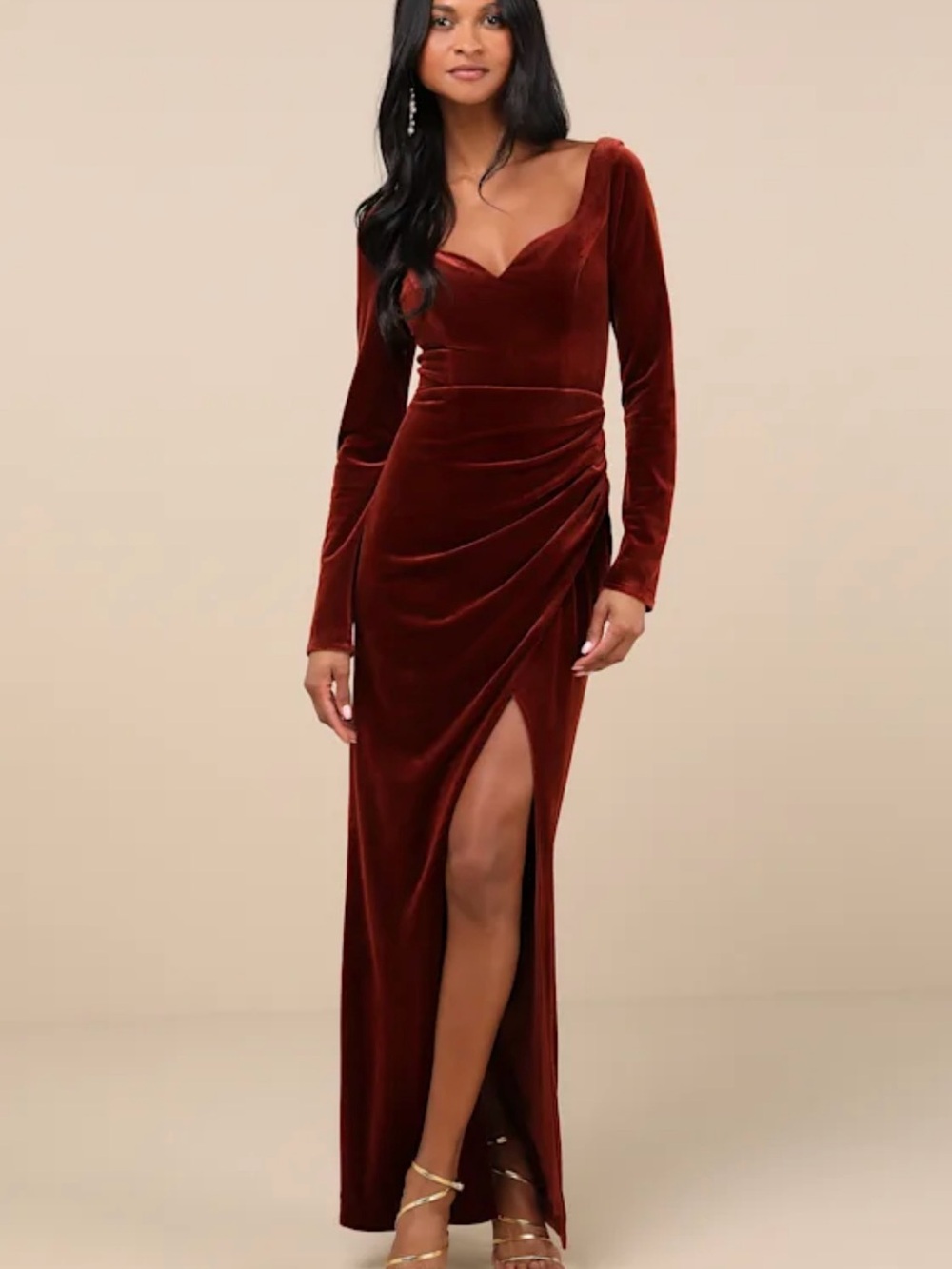 Lulu’s Rust Brown Velvet Long Sleeve Maxi Dress - Size L - NWT
